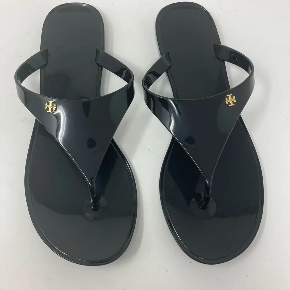 Tory Burch Black Jelly Thong Sandals with Gold Logo - Picture 1 of 7